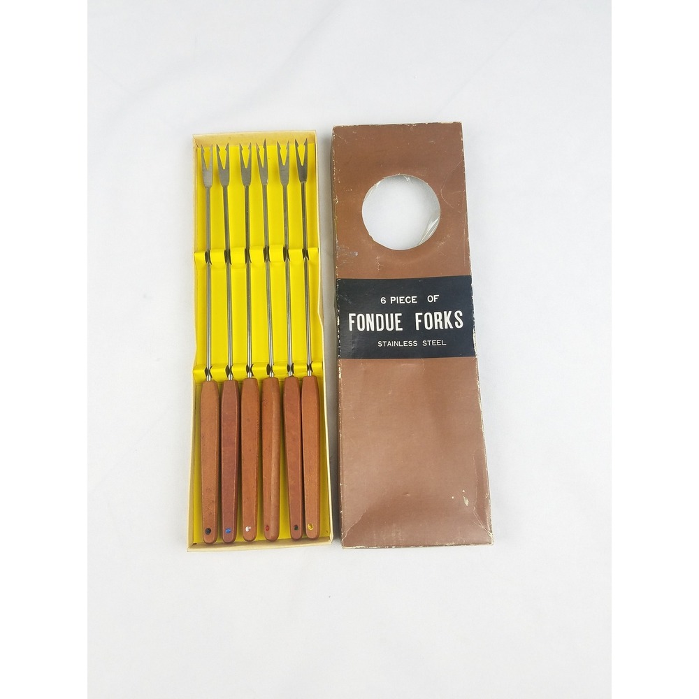 Vtg stainless steel fondue forks wood handles set of 6 Japan mid century kit